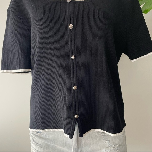 Cider Ribbed Short Sleeve Button Down Cardigan Sweater Black White Plus Size 2XL - Picture 5 of 7